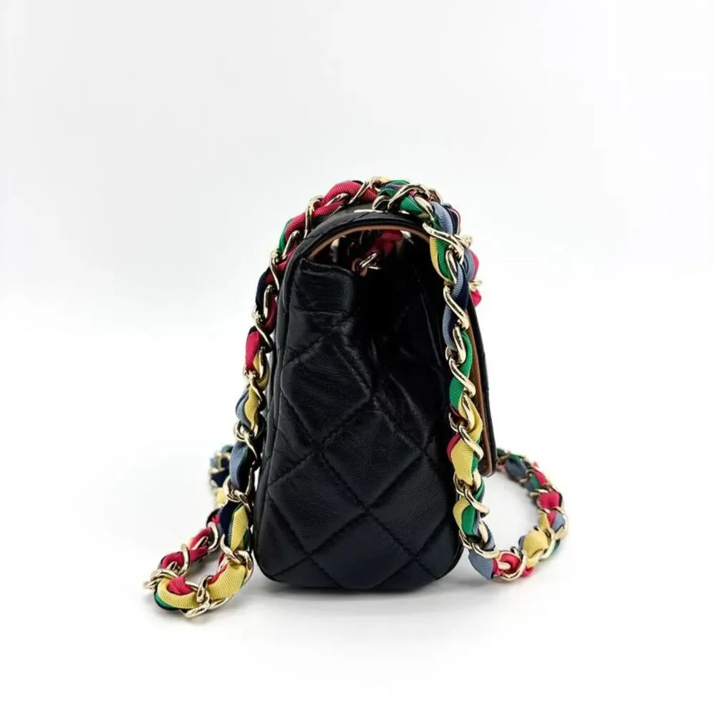 Chanel Mini Flap Bag Black Lambskin Gold Hardware Multicolor Ribbon Chain